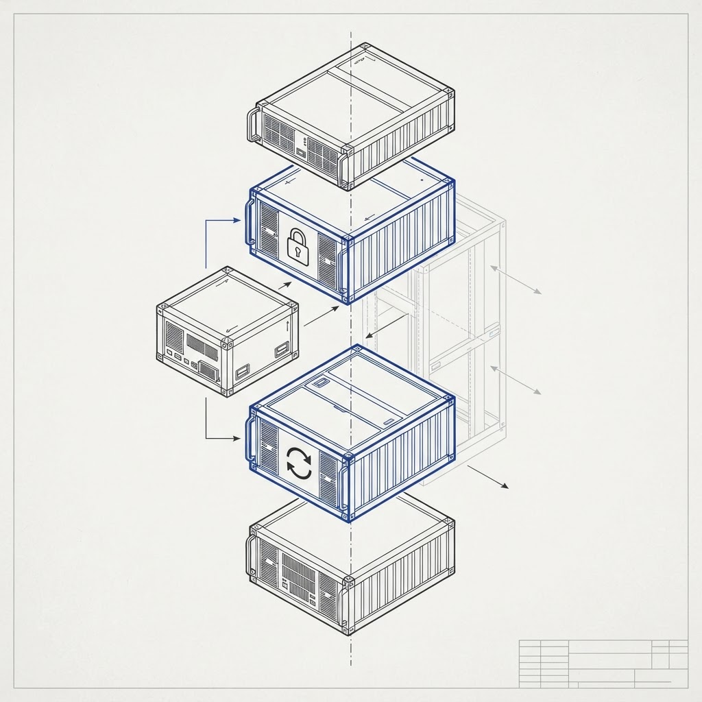 Schematic line drawing of a file tree containing configuration, scripts and a runbook
