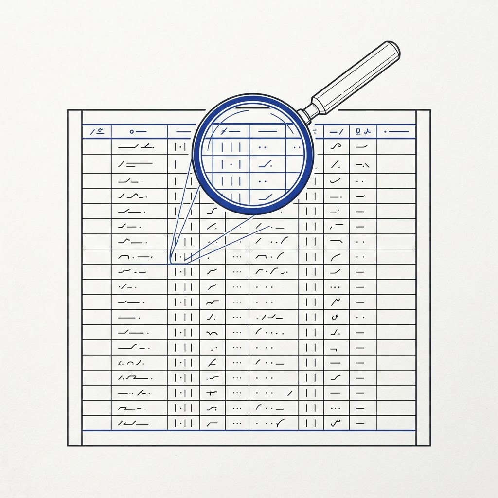 Schematic line drawing of a dated log ledger with entries stacked in sequence